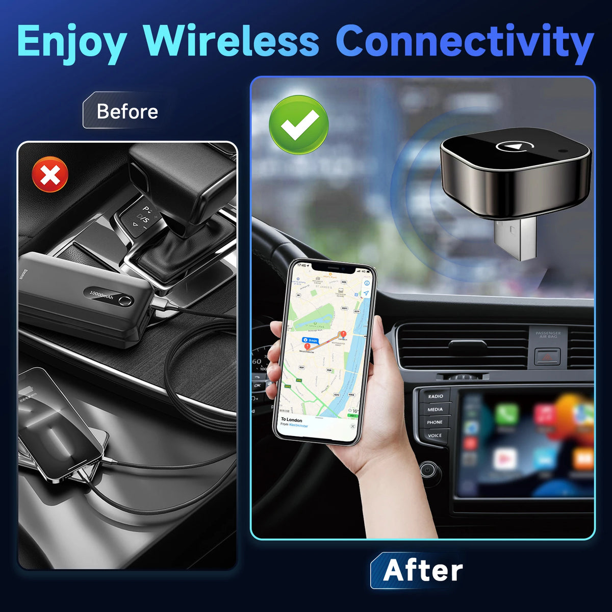 Before and after: the phone cable is gone after installing the wireless adapter