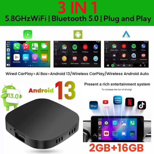 CarPlay AI Box with Android 13, Wireless CarPlay and Android Auto for Cars with Factory Wired CarPlay, 2GB RAM, 16GB or 32GB