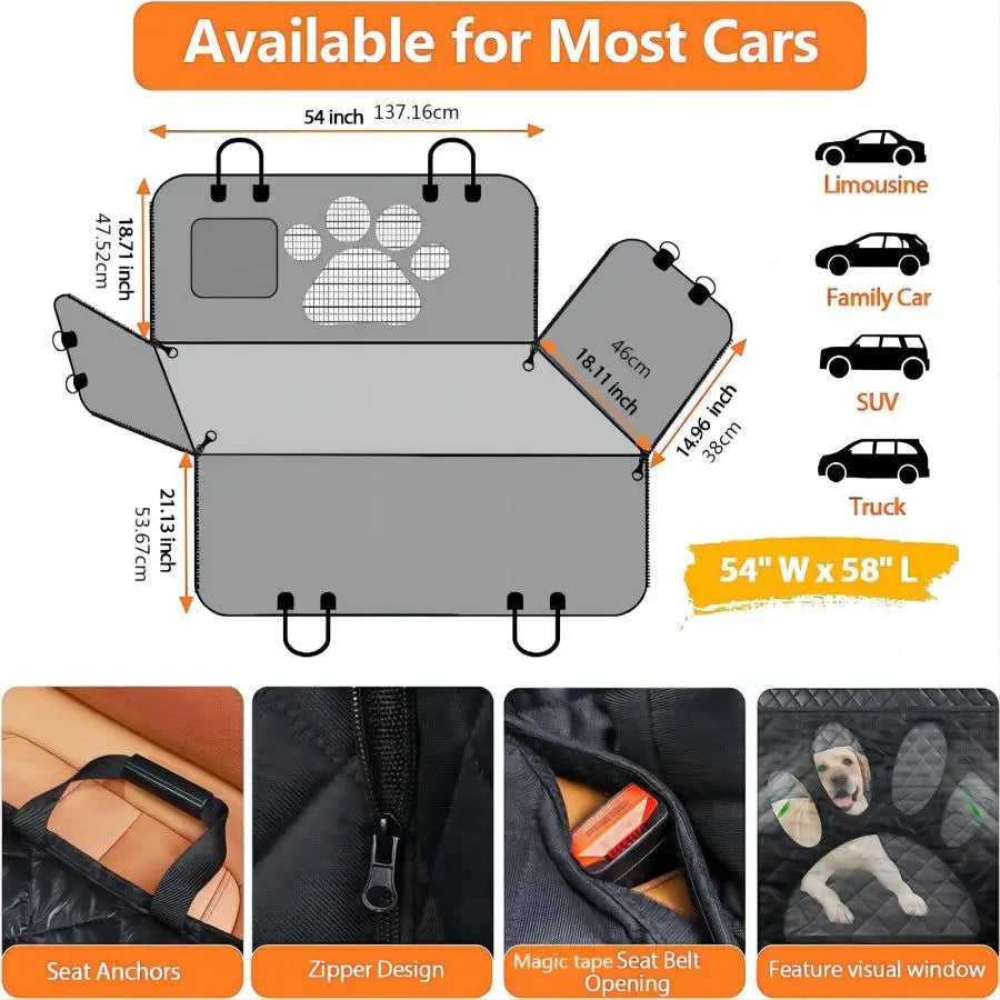 Waterproof Dog Hammock for Back Seat with Mesh Window and Zippered Side Flaps, Seat and Door Protector for Cars and SUVs