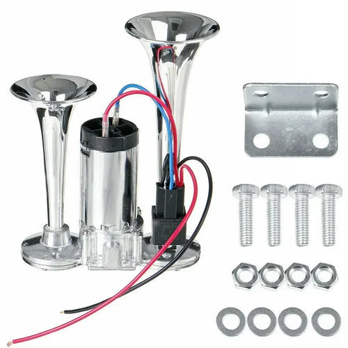 Silver dual trumpet air horn with built-in compressor, bracket and screws