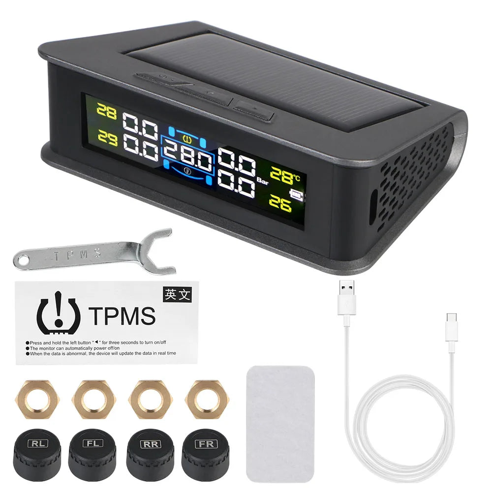 Solar Tire Pressure Monitoring System, Wireless TPMS with 4 External Sensors, Real-Time Pressure and Temperature, PSI or Bar, 15 Styles