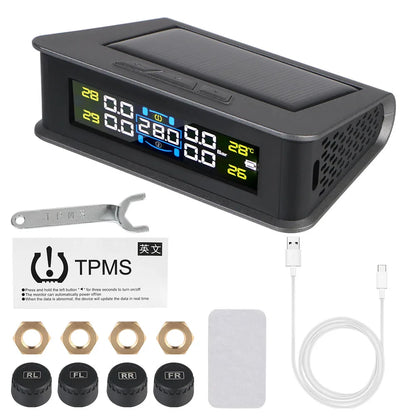 Solar Tire Pressure Monitoring System, Wireless TPMS with 4 External Sensors, Real-Time Pressure and Temperature, PSI or Bar, 15 Styles