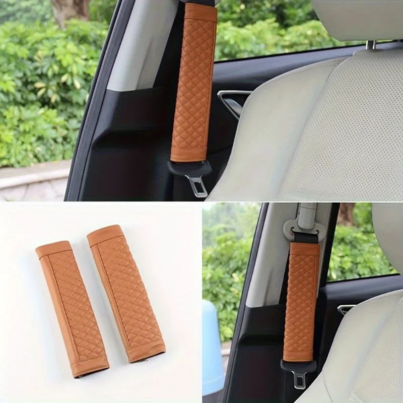 Embroidered Leather Seat Belt Shoulder Cover for Adults, Wear-Resistant with Anti-Slip Pads, Beige, Brown, Black or Gray