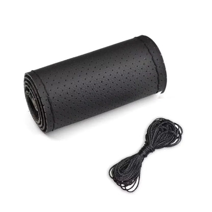Rolled steering wheel cover with black thread