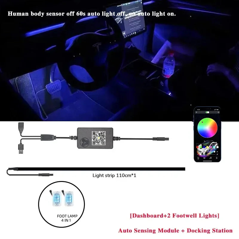 Dashboard Ambient Light Kit for Tesla Model 3 and Model Y, RGB Fiber Optic Strips with App Control and Music Sync, Optional 4 Footwell Lights