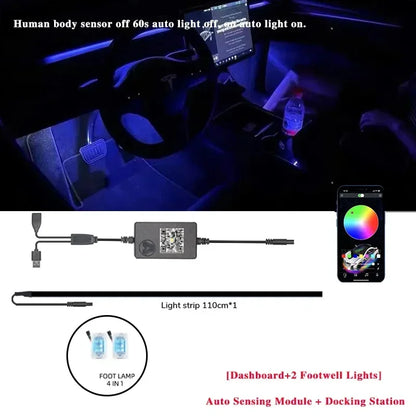 Dashboard Ambient Light Kit for Tesla Model 3 and Model Y, RGB Fiber Optic Strips with App Control and Music Sync, Optional 4 Footwell Lights