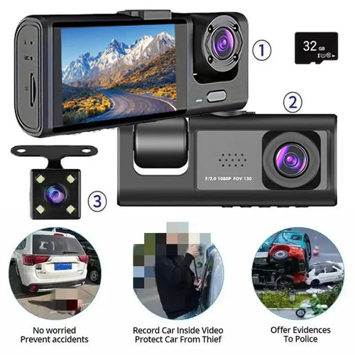 Dash cam with front, cabin and rear cameras