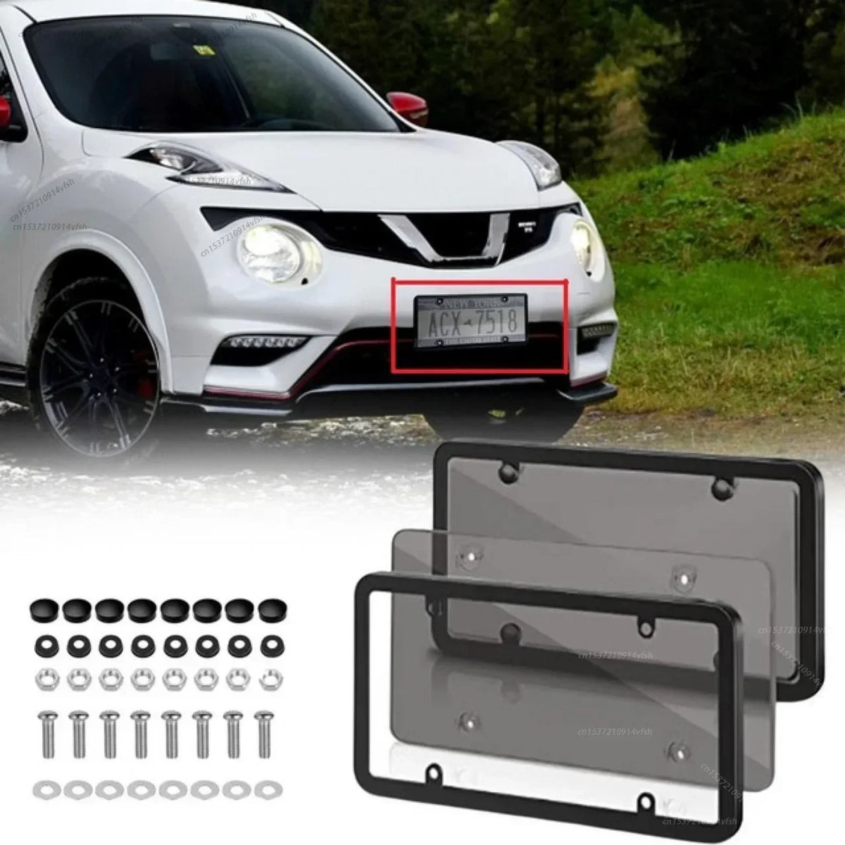 License plate frames with covers and hardware, shown with a car