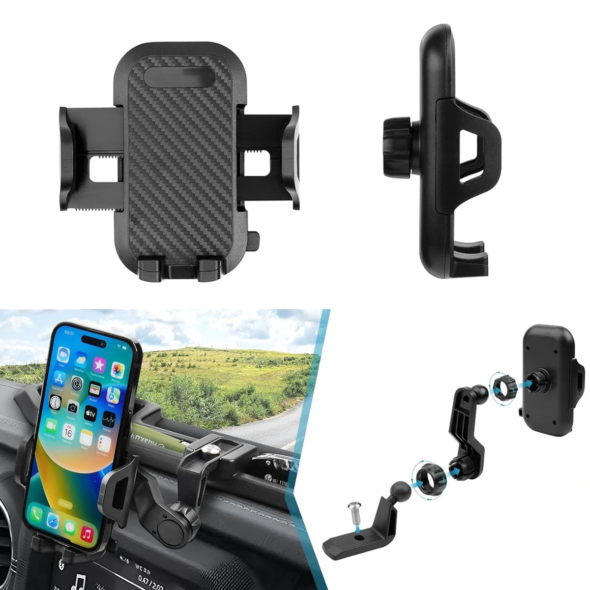 Dashboard Phone Mount for Jeep Wrangler 2021-2023 (JL), Replacement Dash Tray with Metal Support Rod and 360-Degree Phone Holder