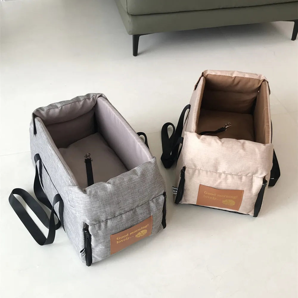 Center Console Pet Booster Seat for Small Dogs and Cats, Portable Carrier Bag with Waterproof Oxford Cloth, Small or Large, Gray or Khaki