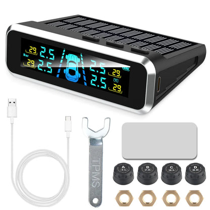 Solar Tire Pressure Monitoring System, Wireless TPMS with 4 External Sensors, Real-Time Pressure and Temperature, PSI or Bar, 15 Styles