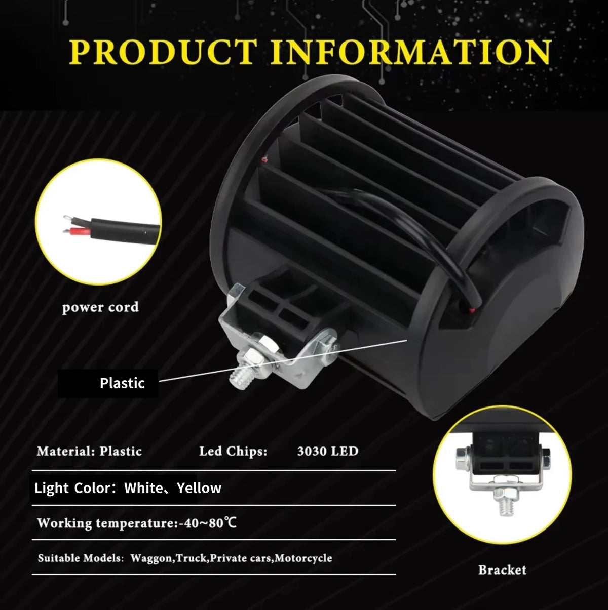 12V LED Work Light Pod, 20 LED Spot and Flood Combo Beam, White 6000K or Yellow, for Off Road Trucks, SUVs, ATVs and Boats