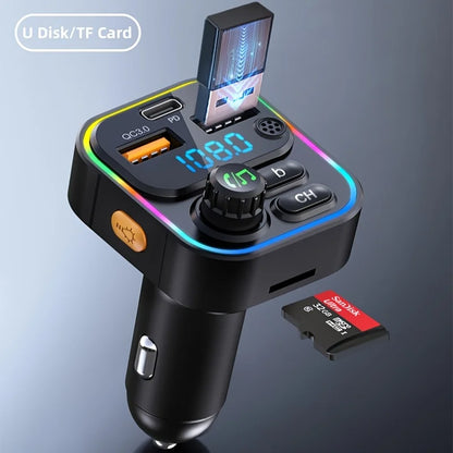 Bluetooth 5.3 FM Transmitter for Car, Hands-Free Calling, 20W USB-C PD and QC3.0 Fast Charging, USB Music Playback, Ambient Light