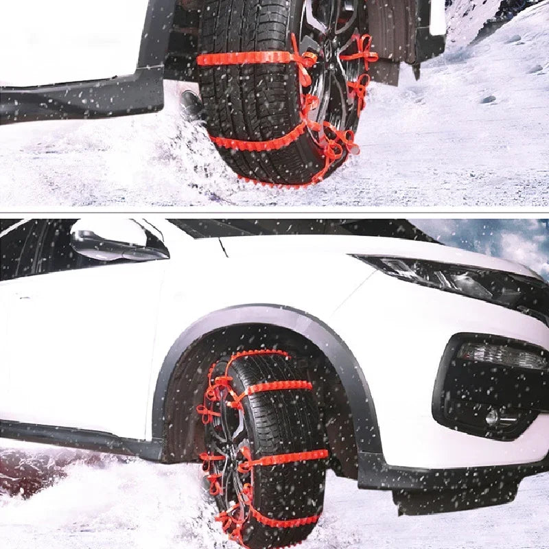 Snow chain ties on a car in the snow