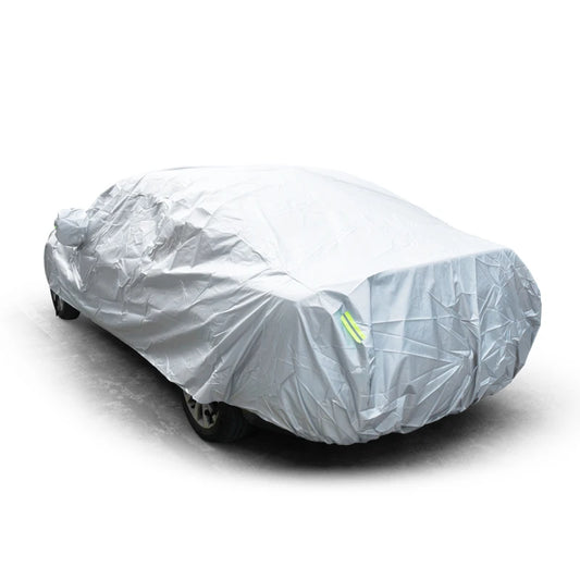 Silver full car cover on a sedan