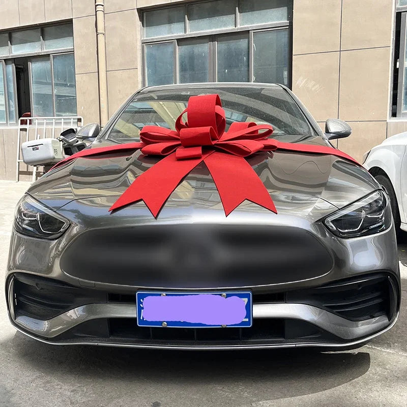 Giant Red Car Bow for New Car Gifts, Showroom Delivery and Holiday Surprises, Reusable Hood Bow with Ribbon Tails