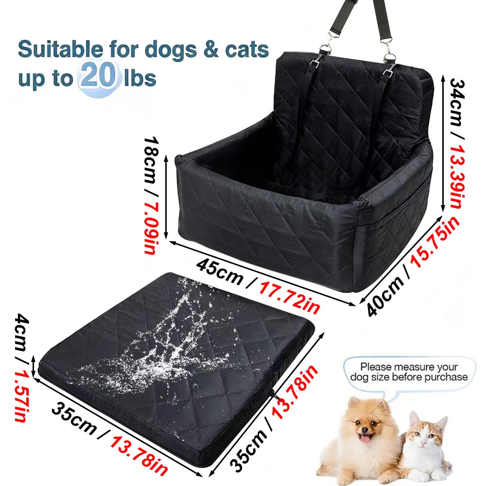Warm Portable Dog Car Seat for Small and Medium Dogs, Washable Cushion Bed with Belt Strap and Storage Pocket, Black or Gray