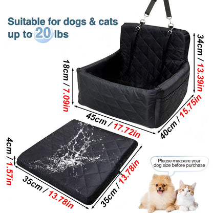 Warm Portable Dog Car Seat for Small and Medium Dogs, Washable Cushion Bed with Belt Strap and Storage Pocket, Black or Gray