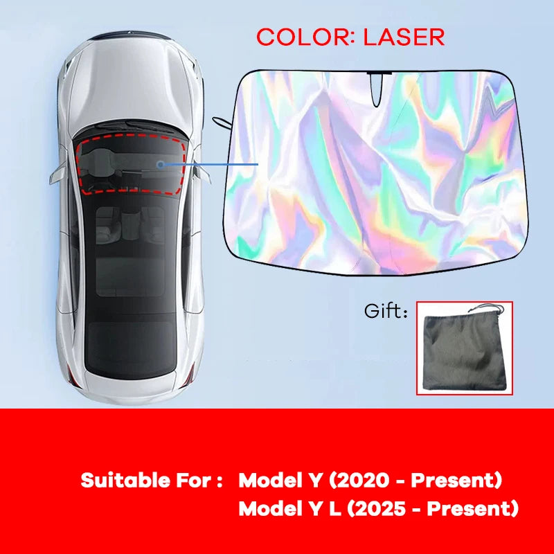 Windshield Sun Shade for Tesla Model 3 and Model Y, Highland and Juniper, 4-Layer Reflective Foldable Shade, Silver or Laser Finish