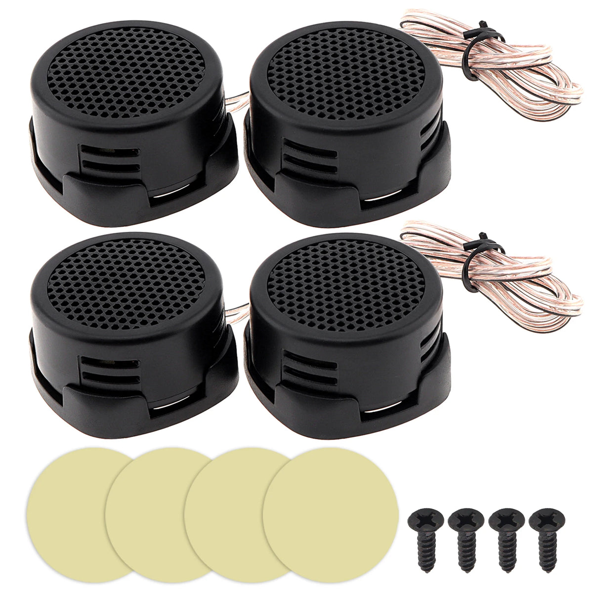 Set of 4 mini dome car tweeters with clip-on bases, adhesive pads and screws