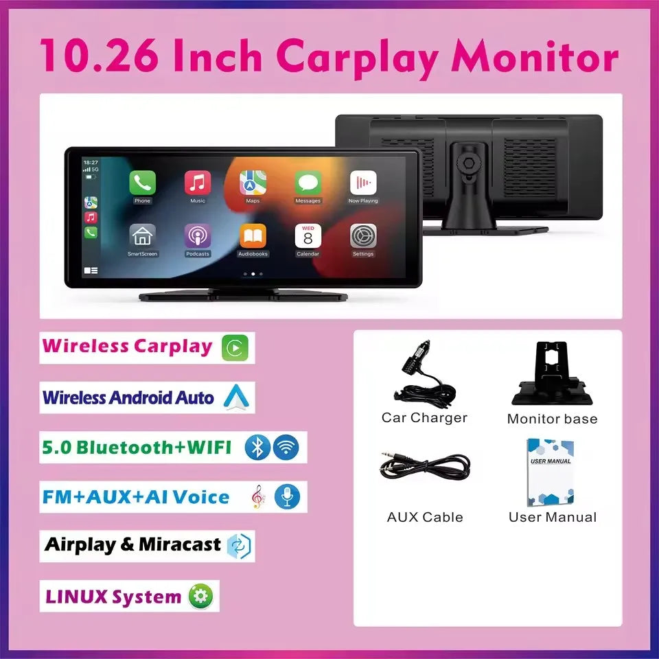 Version without rear camera: screen, base, car charger, AUX cable and manual