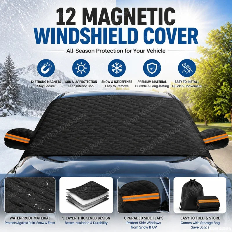 Windshield Snow Cover with Side Mirror Flaps and Reflective Strips, Waterproof Frost and Ice Guard with Storage Bag, With or Without Magnets