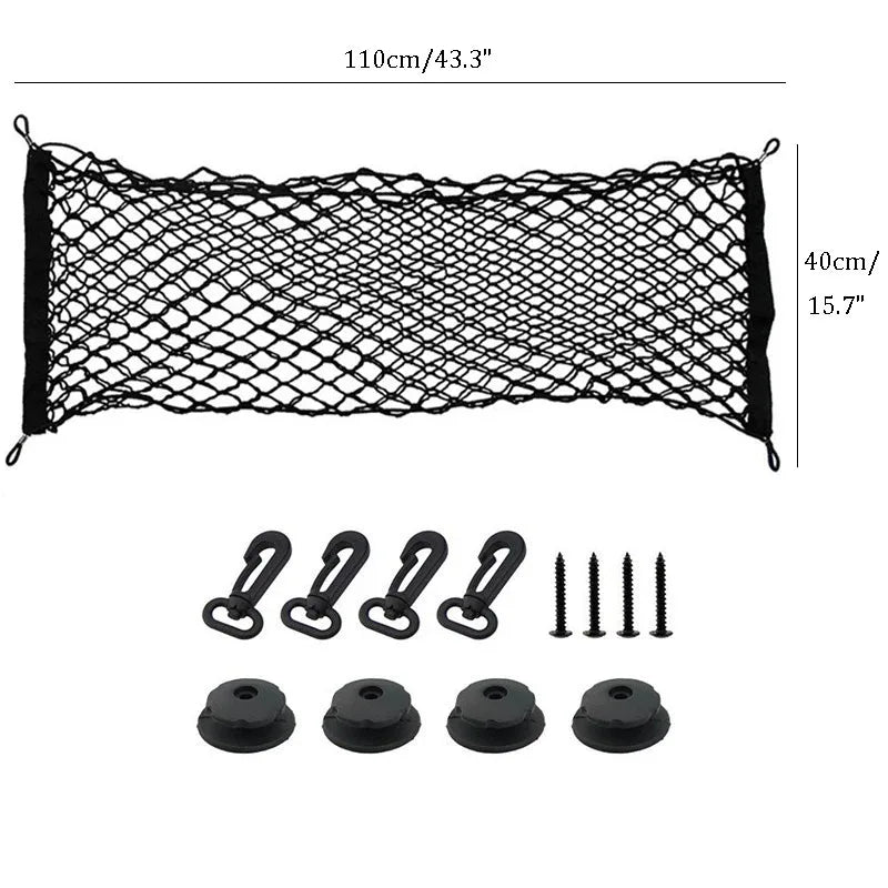 Elastic Nylon Mesh Trunk Cargo Net with 4 Plastic Hooks, Car Trunk Organizer for Loose Items, 3 Sizes from 35 x 12 to 43 x 16 Inch