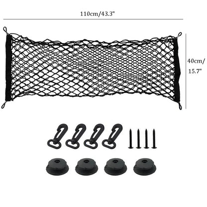 Elastic Nylon Mesh Trunk Cargo Net with 4 Plastic Hooks, Car Trunk Organizer for Loose Items, 3 Sizes from 35 x 12 to 43 x 16 Inch