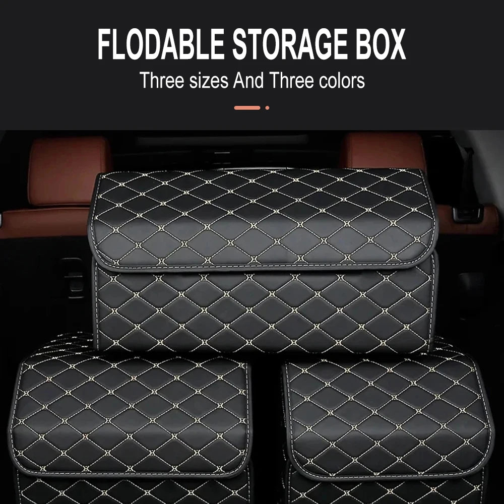Foldable storage boxes in a car trunk, three sizes and colors