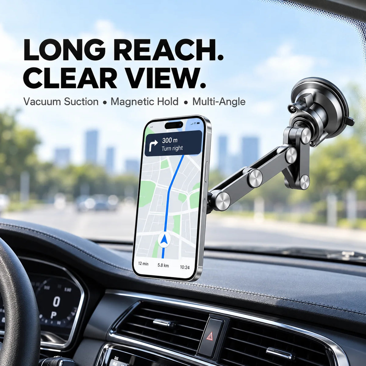 Phone mount on a windshield showing navigation on a smartphone