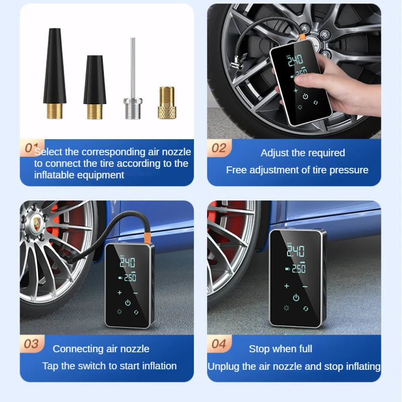 How to use the tire inflator: choose the nozzle, set the pressure, connect and start, stop when full