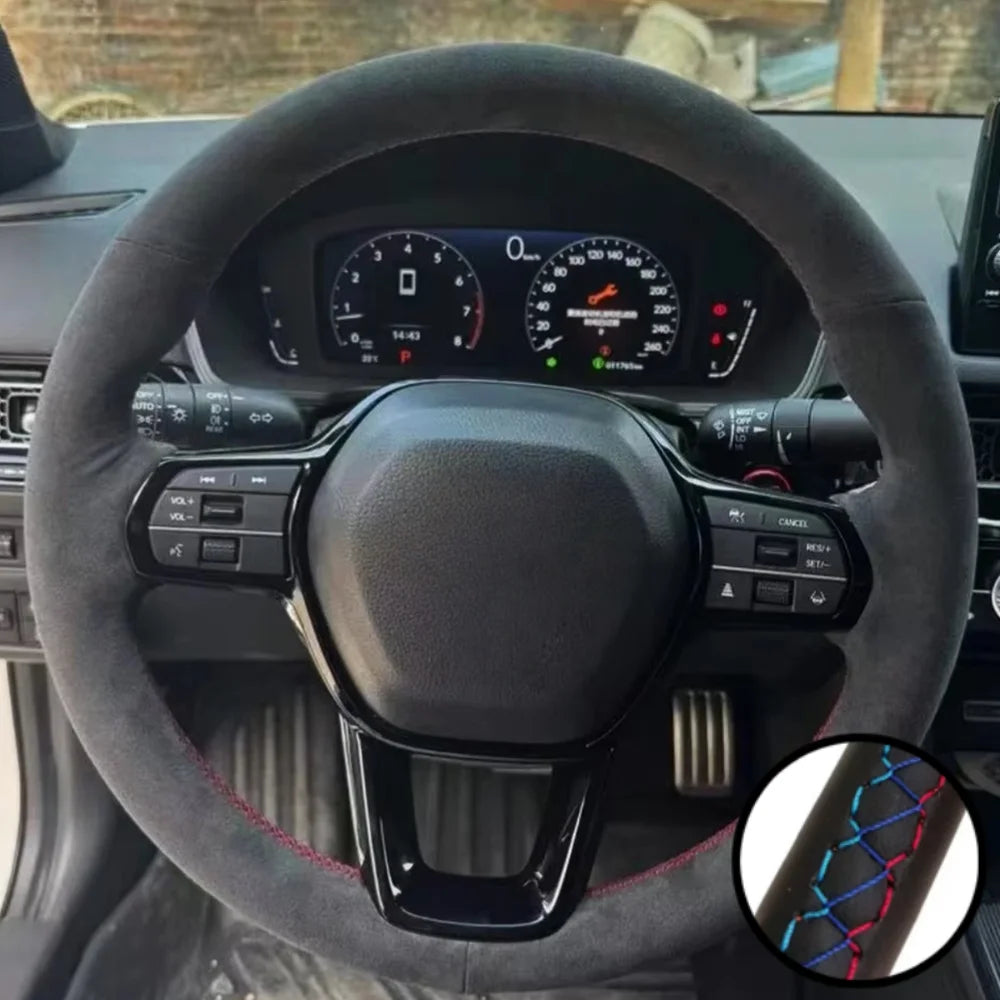 Steering Wheel Cover for Honda CR-V 2023 and Civic 2022-2023, Hand-Sewn Perforated Suede, Non-Slip Grip Sides, 7 Stitching Colors