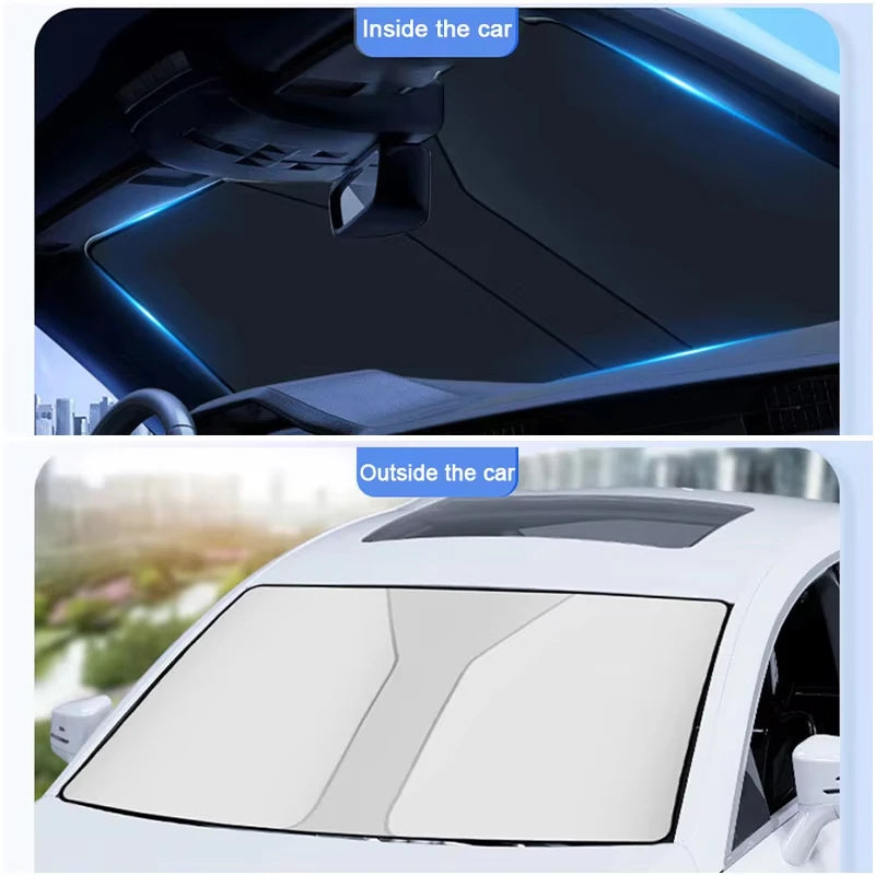 Windshield sun shade seen from inside and from outside the car