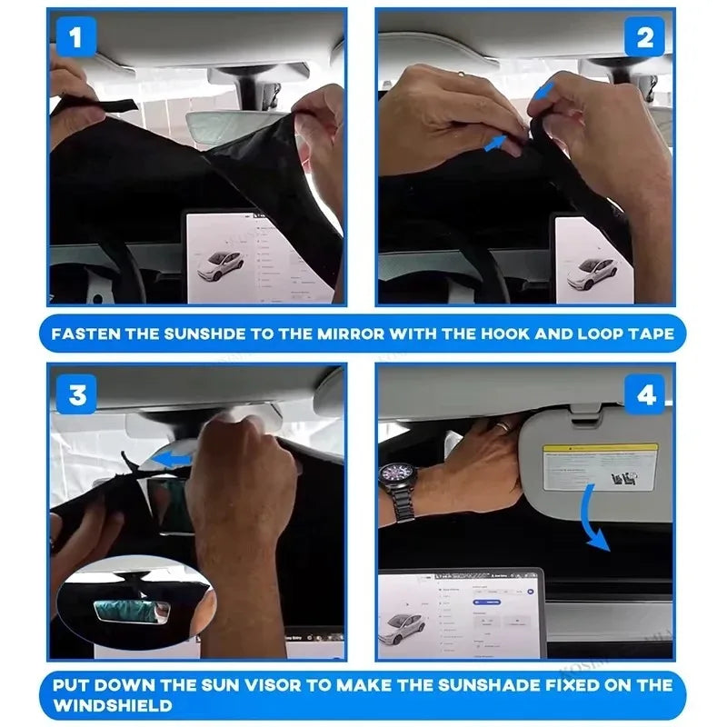Installing the sun shade: fasten the strap around the rearview mirror, then lower the sun visors