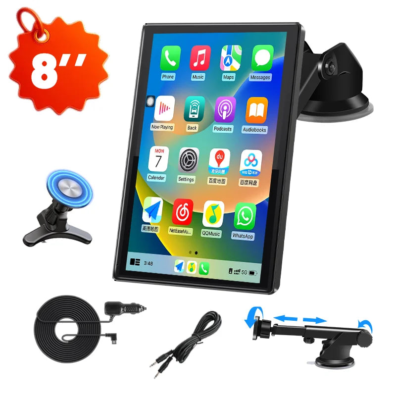 8 inch portable CarPlay screen with mounts and cables