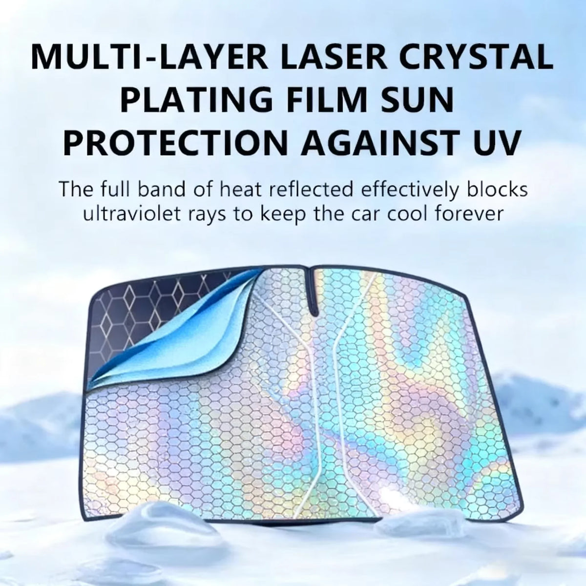 5-Layer Car Windshield Sun Shade with Mirror Cutout, Holographic Reflective Foldable Sunshade with Storage Bag, 57.1 x 31.5 in