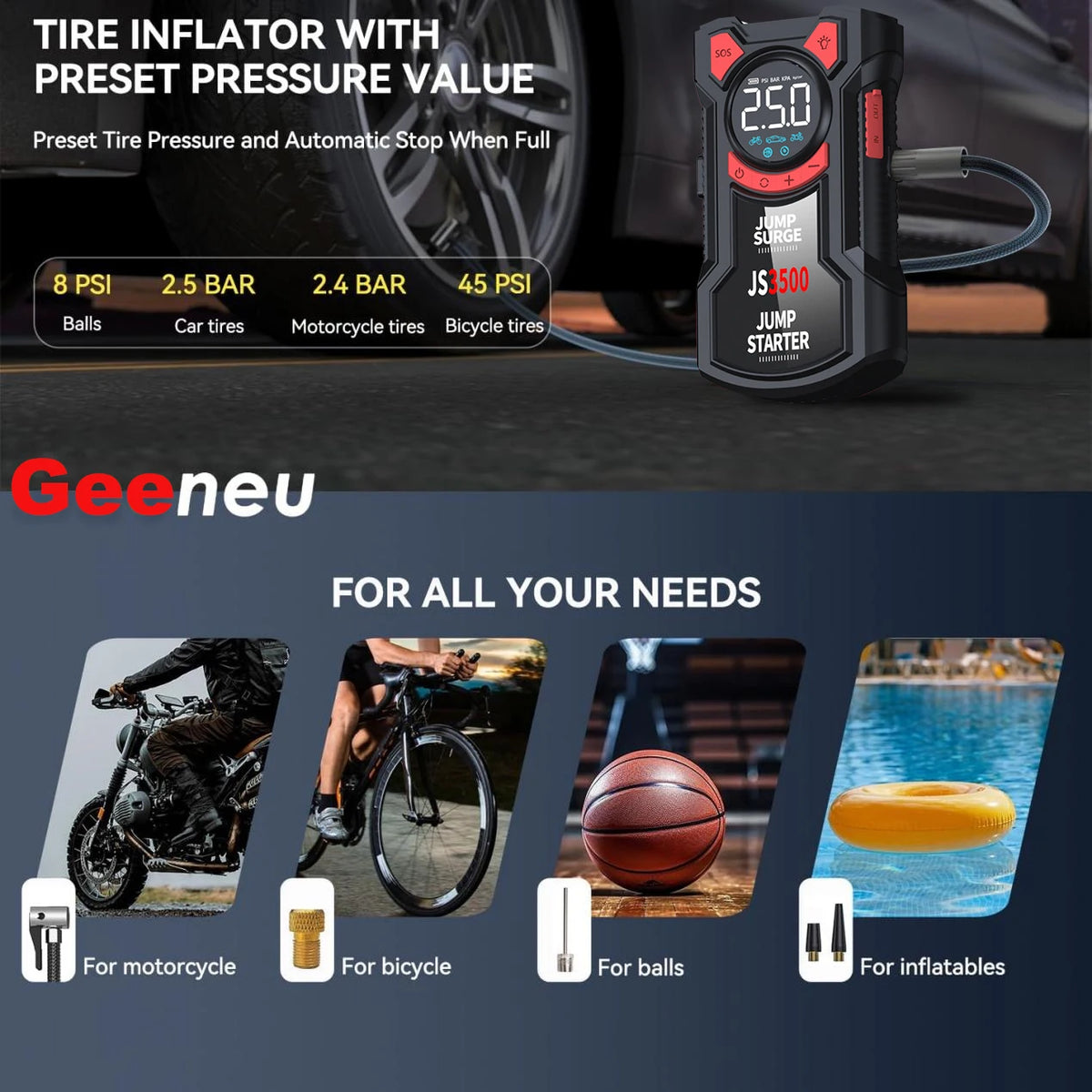 5-in-1 Portable Car Jump Starter with 150 PSI Air Compressor, Power Bank and LED Light for 12V Vehicles, 10000 or 12000mAh
