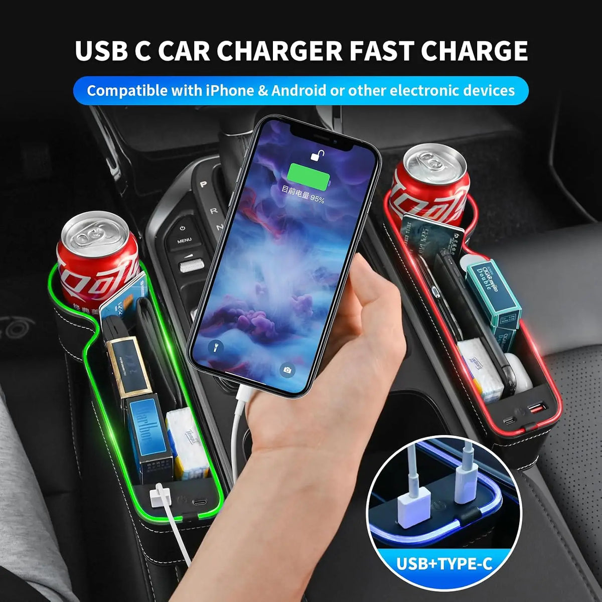 LED Car Seat Gap Filler with Fast Charger — 7-Color Ambient Light