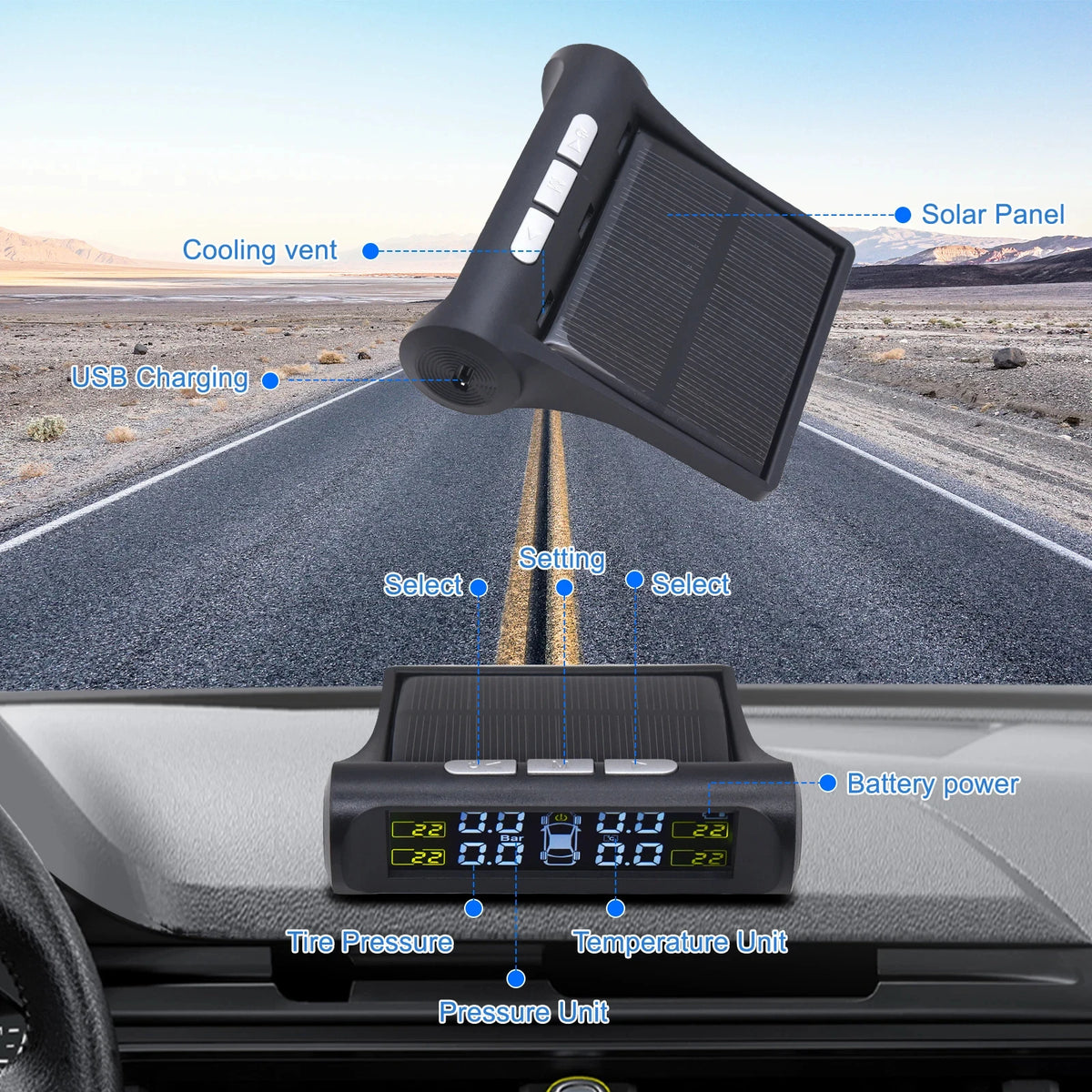 Solar Tire Pressure Monitor, Wireless TPMS with 4 External Sensors, Waterproof Sensors with Replaceable Batteries