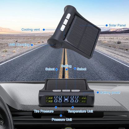Solar Tire Pressure Monitor, Wireless TPMS with 4 External Sensors, Waterproof Sensors with Replaceable Batteries
