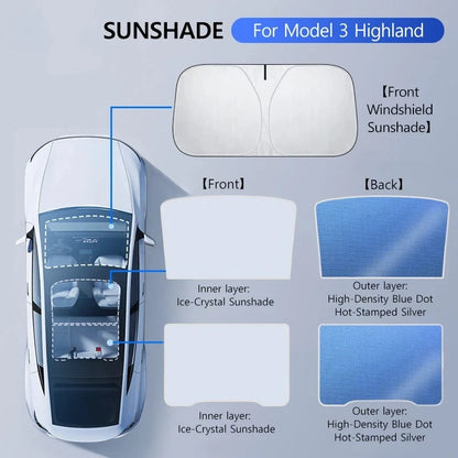 Glass Roof Sunshade for Tesla Model Y Juniper 2025-2026 and Model 3 Highland 2024-2026, Ice-Crystal Fabric with Reflective Silver Layer