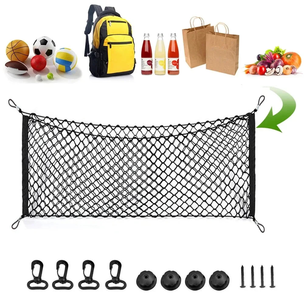 Elastic Nylon Mesh Trunk Cargo Net with 4 Plastic Hooks, Car Trunk Organizer for Loose Items, 3 Sizes from 35 x 12 to 43 x 16 Inch