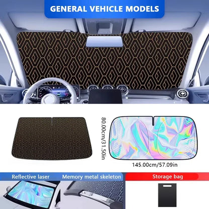 Windshield sun shade with holographic reflective side, metal frame and storage bag
