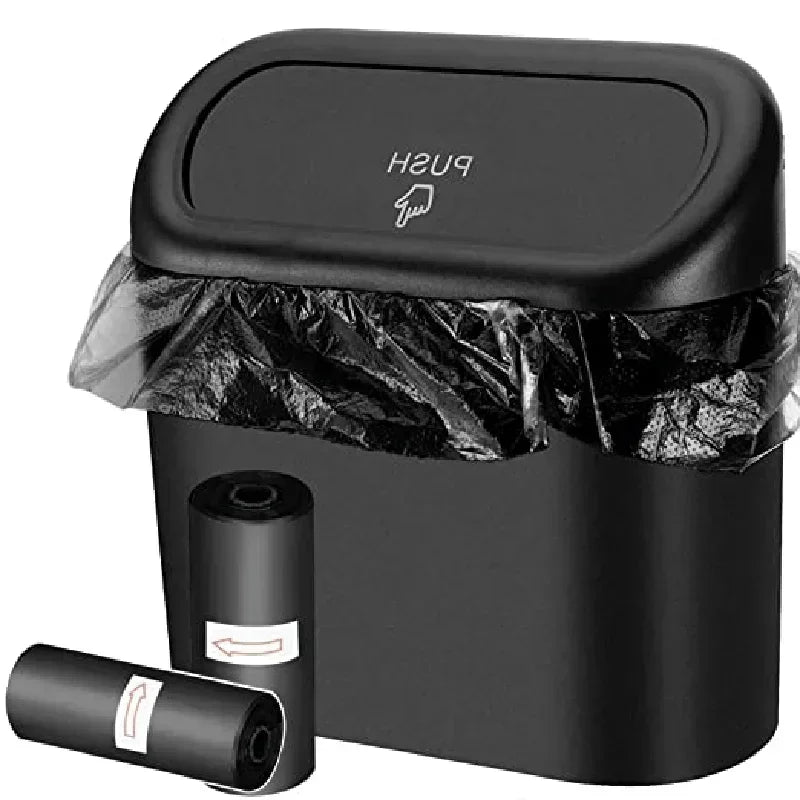 Leak-Proof Mini Car Trash Can with Lid and Garbage Bags, Small Push Lid Bin for Door Pockets and Consoles, Black