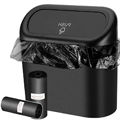 Leak-Proof Mini Car Trash Can with Lid and Garbage Bags, Small Push Lid Bin for Door Pockets and Consoles, Black