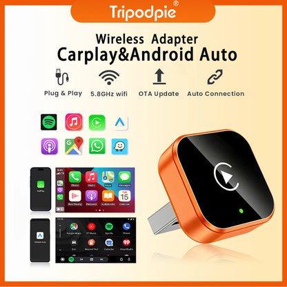 Orange wireless CarPlay and Android Auto adapter with brand logo