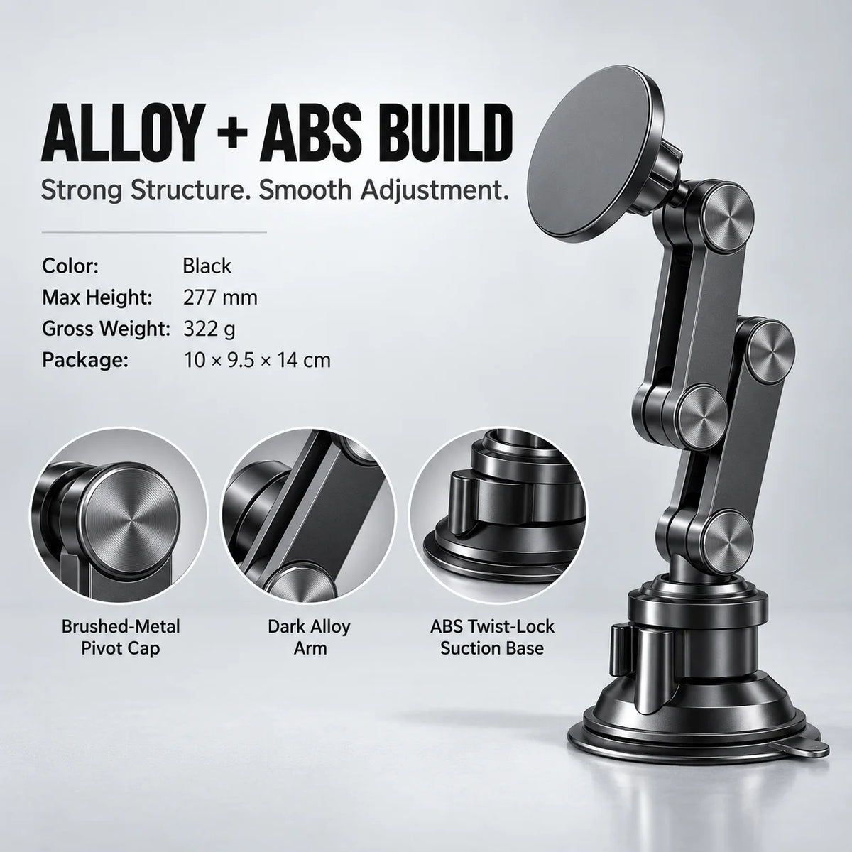 Alloy and ABS phone mount with brushed-metal pivot caps