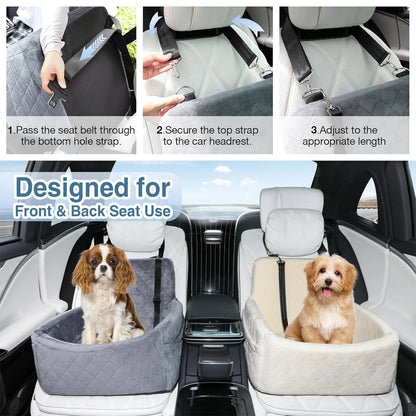 Warm Portable Dog Car Seat for Small and Medium Dogs, Washable Cushion Bed with Belt Strap and Storage Pocket, Black or Gray