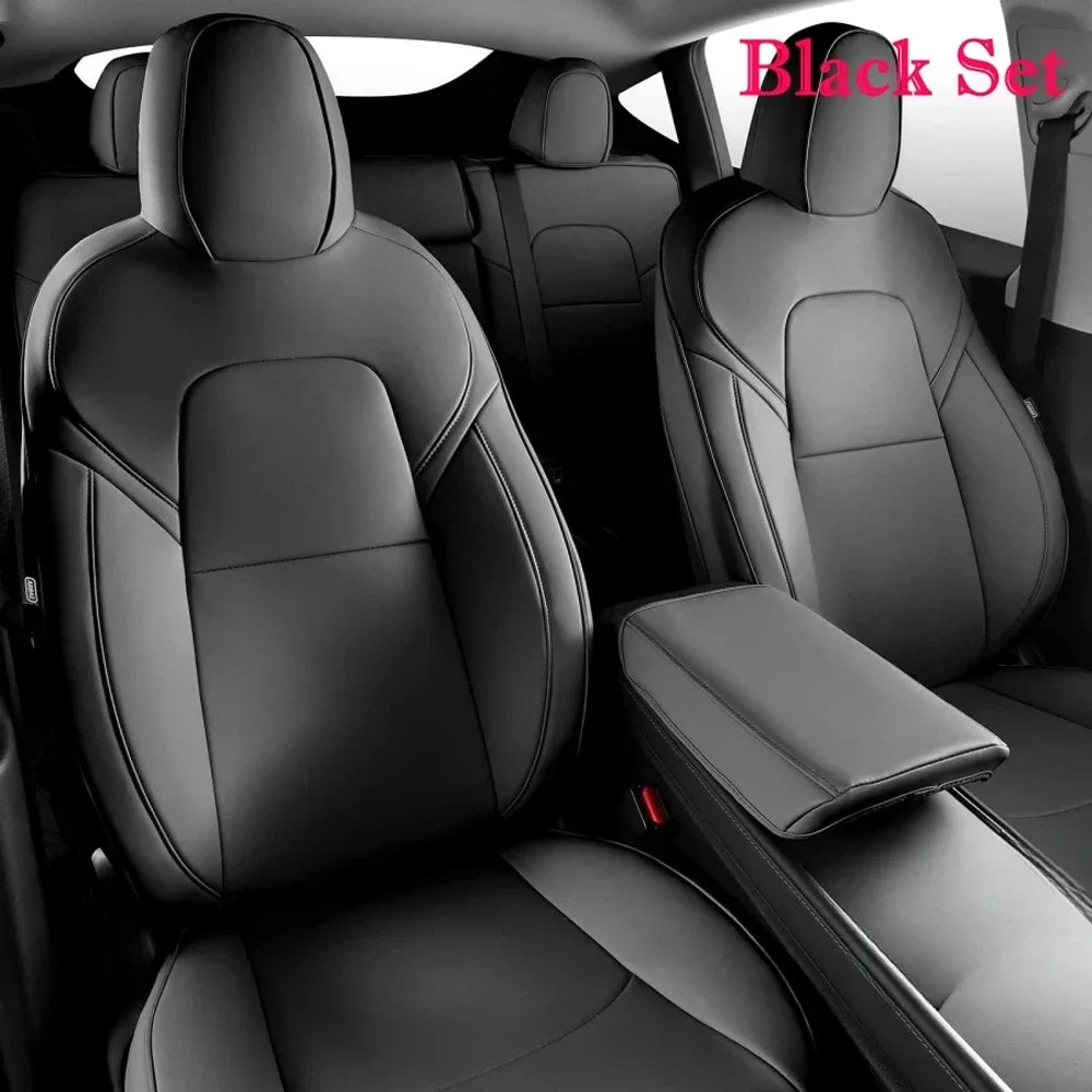 PU Leather Seat Covers for Tesla Model Y 2020-2024, 5-Seat Full Set with Headrest Covers and Front Seat Pockets