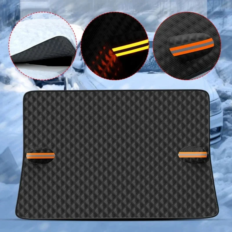 Windshield snow cover laid flat, with close-ups of the edge and the reflective mirror flaps